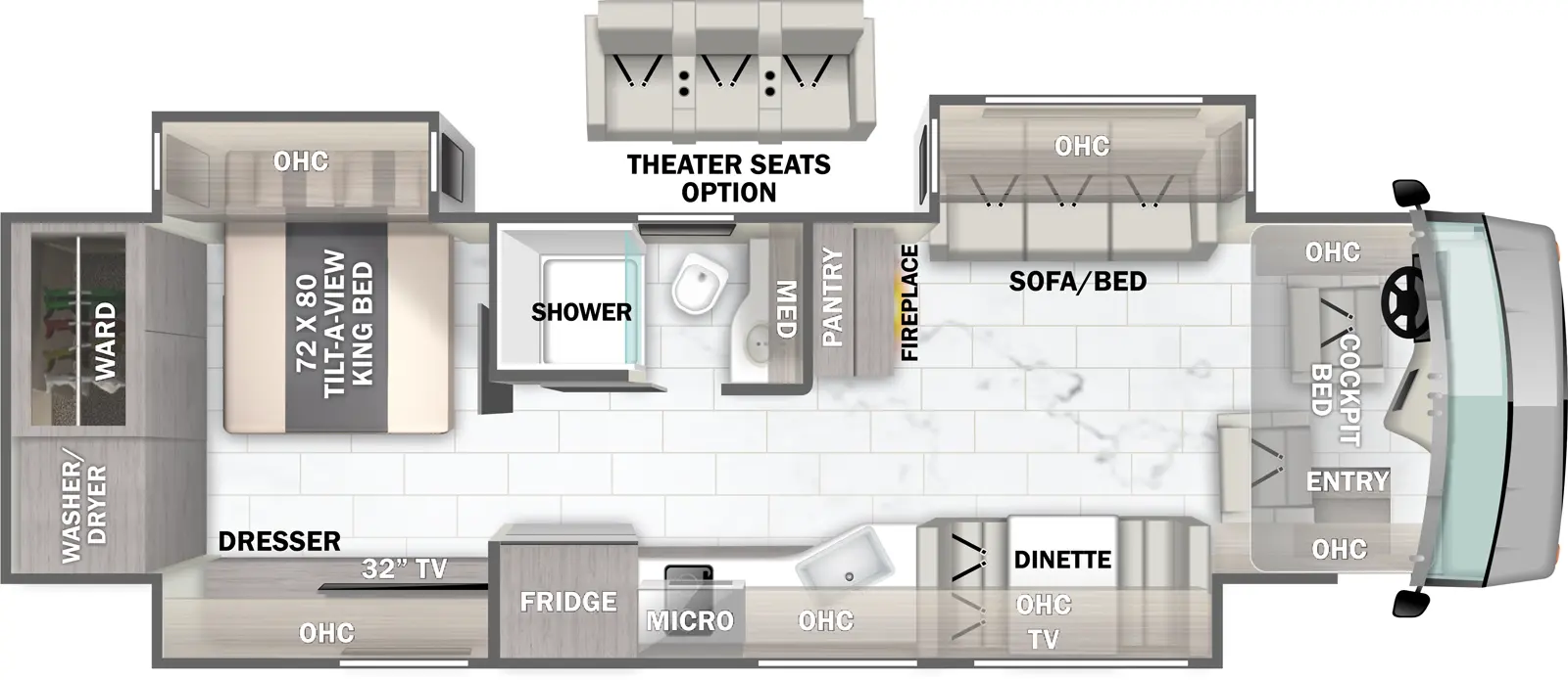 The Berkshire 34B floorplan has one entry and three slide outs. Exterior features include: 18' & 56" Door Awning awning and outside entertainment. Interiors features include: rear bedroom and bunk over cab.